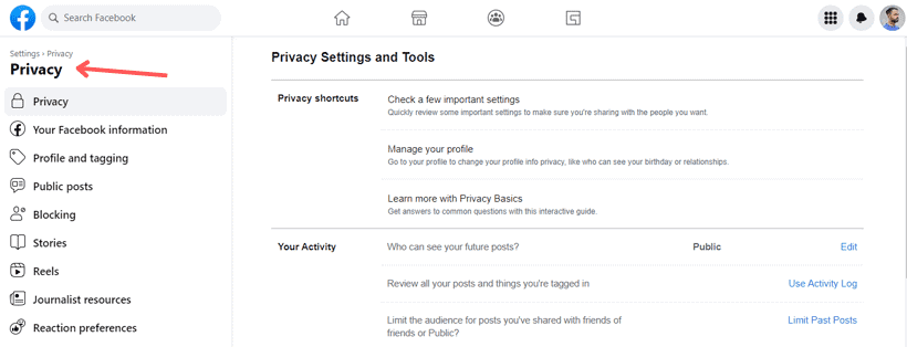 Choose Privacy in Settings