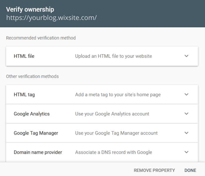 Option to Verify Wix Site in Google Search Console