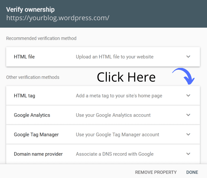 Option to Verify WordPress Blog in Google Search Console